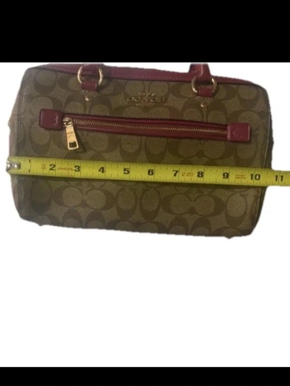 Coach Khaki & Dark Fuchsia Pink Rowan Signature Canvas Satchel Crossbody Handbag
